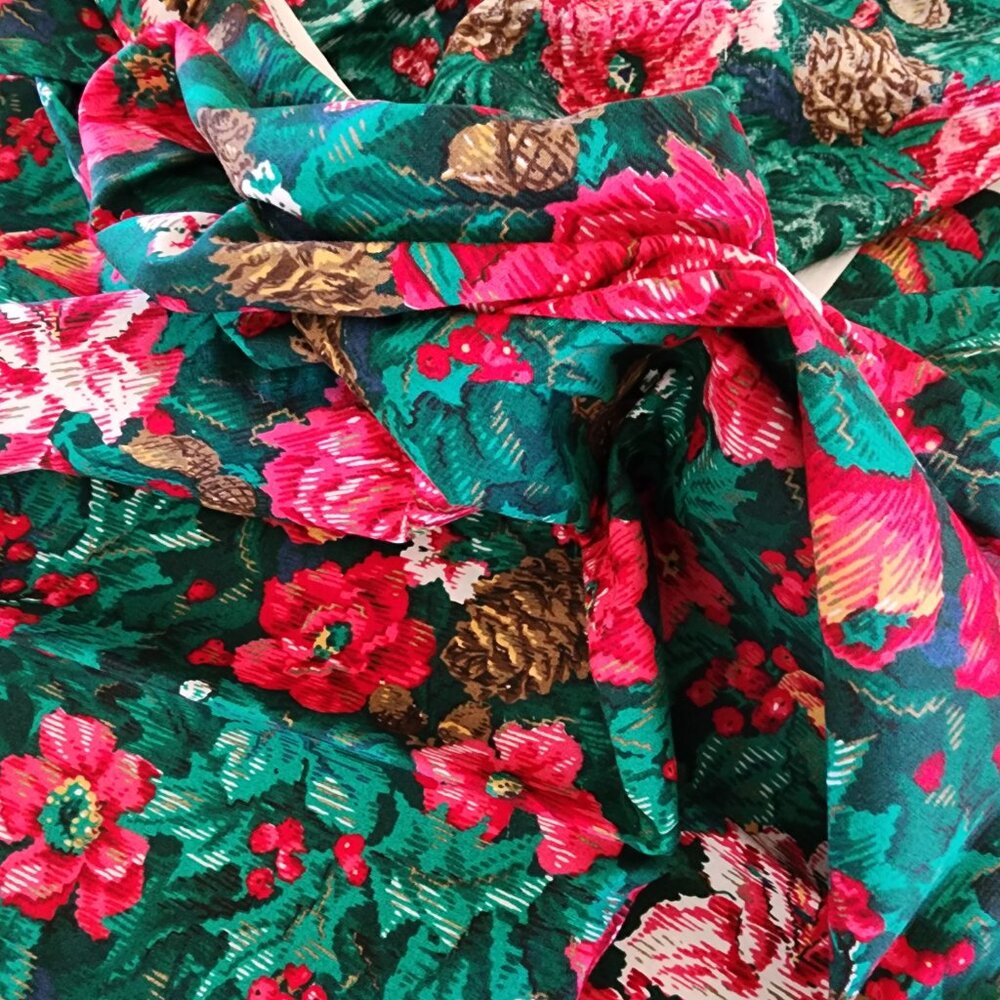 Red Green Floral Holly Pinecone Cotton Holiday Print Vintage Material - 72" x 42